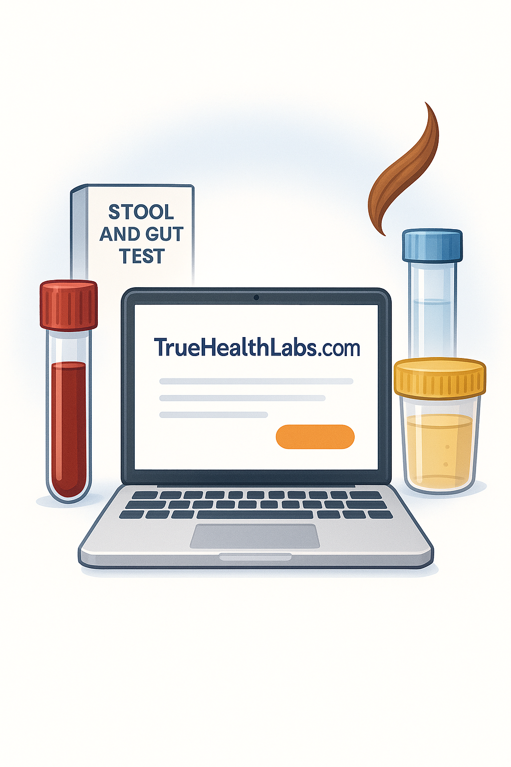 a laptop showing truehealthlabs.com online lab testing portal surrounded with labs they offer like blood tests, stool tests, urine, tests, and hair tests.