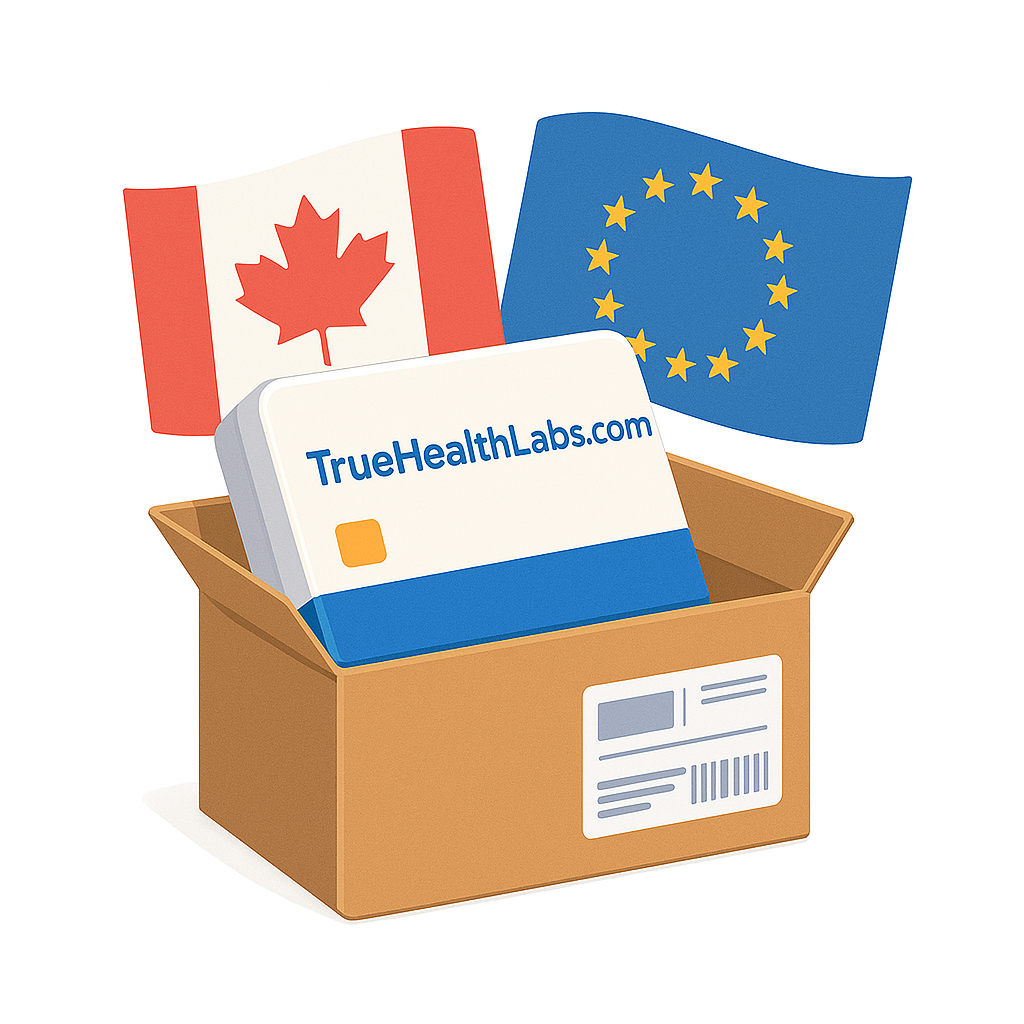 TrueHealthLabs.com test kit in a shipping box with Canadian and EU flags behind it, showing lab test availability in Canada and Europe.