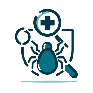 Stylized tick, simplified medical cross, and magnifying glass symbolizing detection and medical analysis for Lyme disease