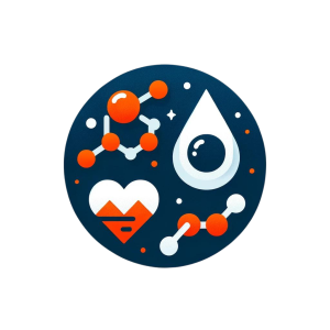 Minimalistic illustration featuring a stylized heart, blood drop, and lipid molecule in shades of deep blue and subtle orange, emphasizing cholesterol health through cholesterol balance test