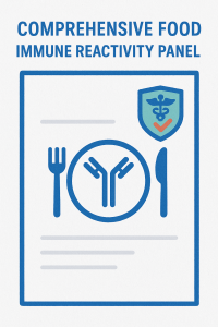 Lab report for Cyrex Array 10C Comprehensive Food Immune Reactivity Panel showing plate with antibody icon and medical approval badge.