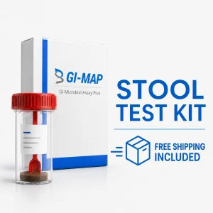 GI Map stool test kit by Diagnostic Solutions showing the collection container and free test kit shipping.