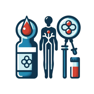 Illustration showing amino acids analysis with plasma bottle, magnifying glass, and human body circulatory system.