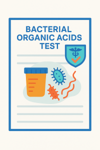 Bacterial Organic Acids Test (MOAT) report with urine sample cup and microbes, showing how it detects gut bacteria and yeast imbalances