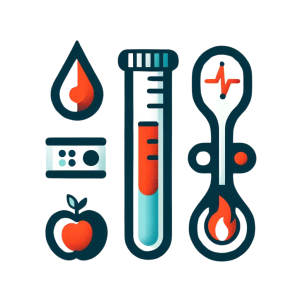 Illustration of nutritional and metabolic health assessment symbols including a blood test tube, an apple, and a metabolism icon in blue and orange.