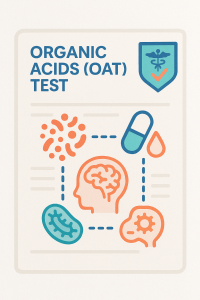 A report labeled Organic Acids (OAT) Test features icons for gut imbalance, nutrient deficiency, neurotransmitters, and metabolism