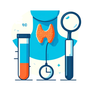 Comprehensive Thyroid Profile in thyroid gland, test tube, and magnifying glass illustrating thyroid testing, in blue and orange on a white background