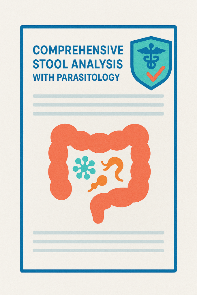 Lab report labeled Comprehensive Stool Analysis with Parasitology shows gut bacteria, yeast, and parasites linked to digestive issues.
