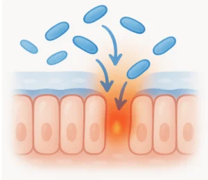 Bacteria passing through a damaged intestinal lining, representing increased intestinal permeability or leaky gut.