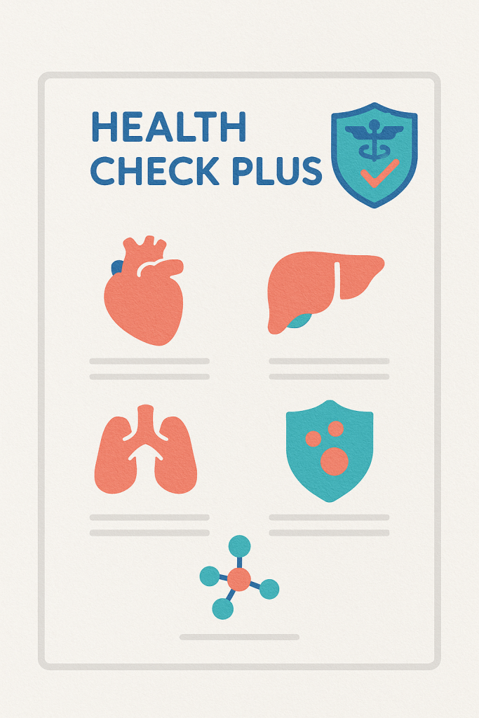 Health Check Plus report showing doctor-approved results for heart, liver, thyroid, immune system, and major body functions.