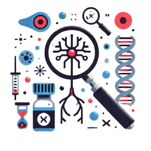 Nerve cell with magnifying glass focusing on it and an antibody icon, illustrating anti myelin associated glycoprotein neuropathy