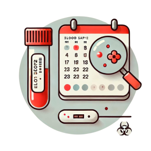 Blood sample vial, microscopic view of tuberculosis bacteria, and calendar marking the test date related to tuberculosis testing.