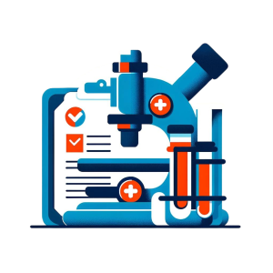 Illustration showing a microscope, test tube, and medical report in blue and orange, representing catecholamines testing