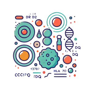 Immune markers HLA DR and DQ abstractly represented as simplified cellular elements interacting, primarily in blue with subtle orange accents.