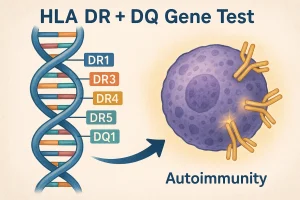 A DNA double helix labeled with DR1, DR3, DR4, DR5, and DQ1 genes pointing to a human cell under attack by antibodies with a glow, showing autoimmunity.