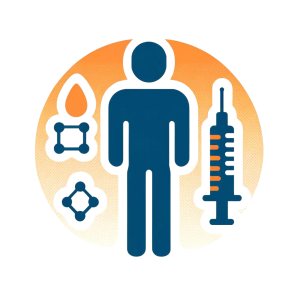 Human silhouette, glucose molecule, and insulin syringe representing insulin resistance Cardio IQ, with blue and subtle orange colors on a white background