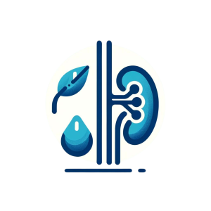 Flat illustration featuring a blue kidney stone, water drop, and leaf, symbolizing kidney health maintenance