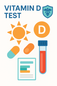 Vitamin D Test layout with caduceus shield, sun icon, D supplement pill, blood vial, and a report chart in a clean white design.