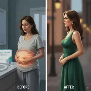 Before/after image: Woman's transformation with Vibrant America Gut Zoomer. Before: Uncomfortably bloated stomach with inflammation and test kit. After: Happy, unbloated profile in a stylish evening dress, reflecting improved gut health.