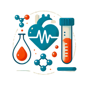 Heart shape, cholesterol molecule, and blood test tube in blue and orange, symbolizing heart health, cholesterol balance, CVMap test and lipid testing