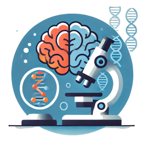 Neural Zoomer Plus illustration featuring a human brain, a microscope focusing on a brain cell, and a DNA helix