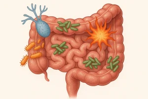 Gut with healthy bacteria disrupted by yeast, harmful bacteria, and inflammation, showing what the Cyrex BiomeBurden Complete test evaluates.