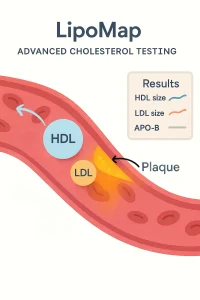 LipoMap Advanced Cholesterol Test illustration showing LDL cholesterol particle attaching to artery wall plaque and HDL cholesterol particle carrying away plaque fragments, with results panel displaying HDL size, LDL size, and ApoB for advanced cardiovascular risk testing.