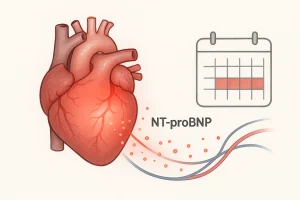 NT-proBNP blood test illustration showing stressed heart releasing NT-proBNP with calendar for long-term monitoring
