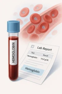 Illustration of a hemoglobin hgb blood test tube, lab report, and red blood cells carrying oxygen for TrueHealthLabs.com