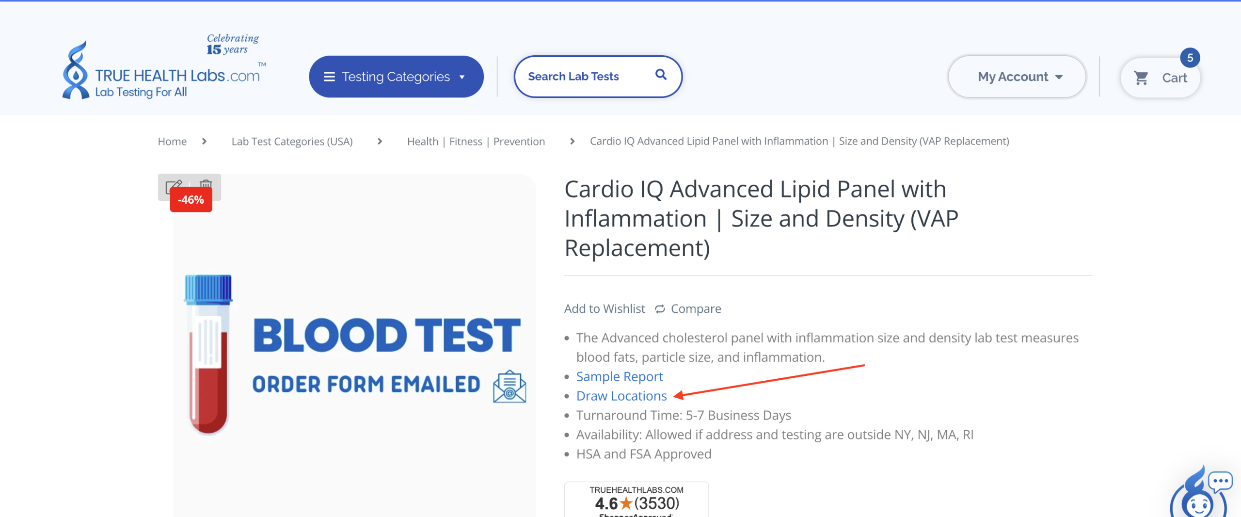 Example showing where to find draw location information on a lab test page
