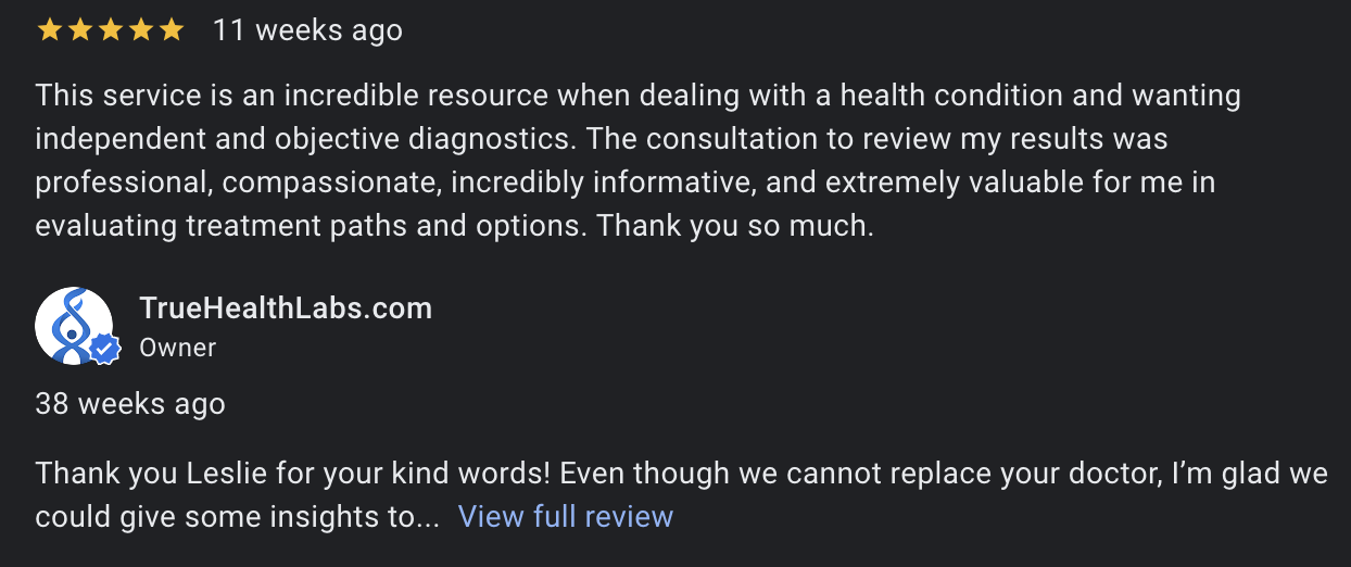 True Health Labs customer review saying how well the lab test results review went with Peter, on the clinical support team and how informative he was and the options he gave them.