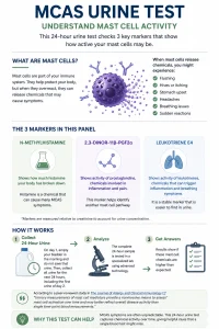 Infographic showing a 24-hour MCAS urine test, including mast cell symptoms, key markers N-methylhistamine leukotriene E4 prostaglandin and step-by-step urine collection process.