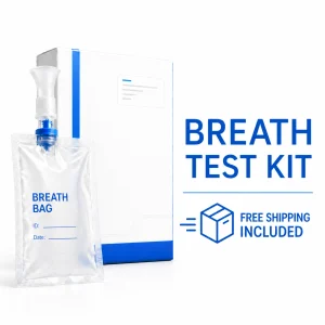 A breath test lab test kit from true health labs showing the breath collection bag and that it's available for ordering with free kit shipping.