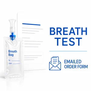 A breath test lab test kit from true health labs showing the breath collection bag and that it's available for ordering with an emailed order form.